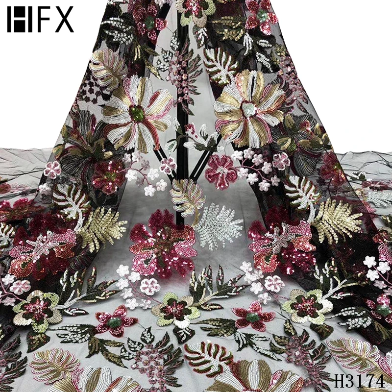 HFX черная африканская кружевная ткань с пайетками 2020 Высокое качество Цветочная