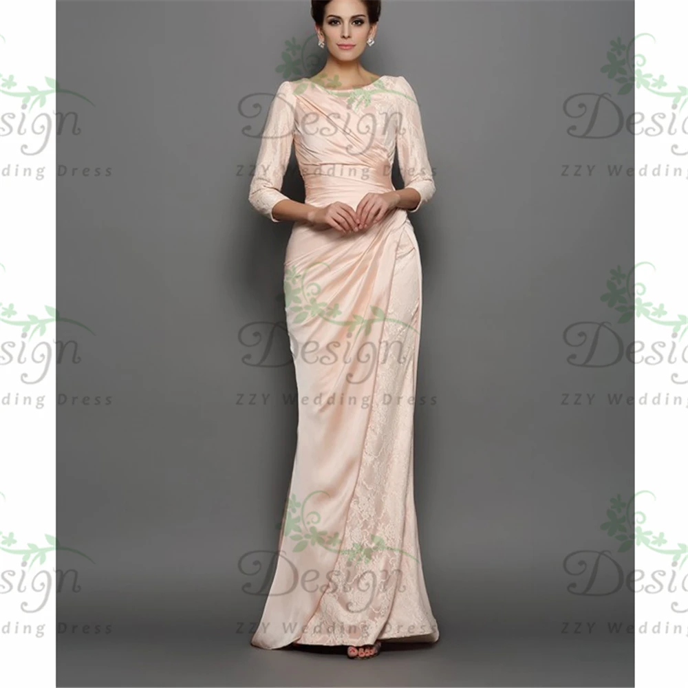 

Женские длинные платья для матери невесты, длинные платья из сатина и кружева с оборками и бисером, платья для женщин, 3/4