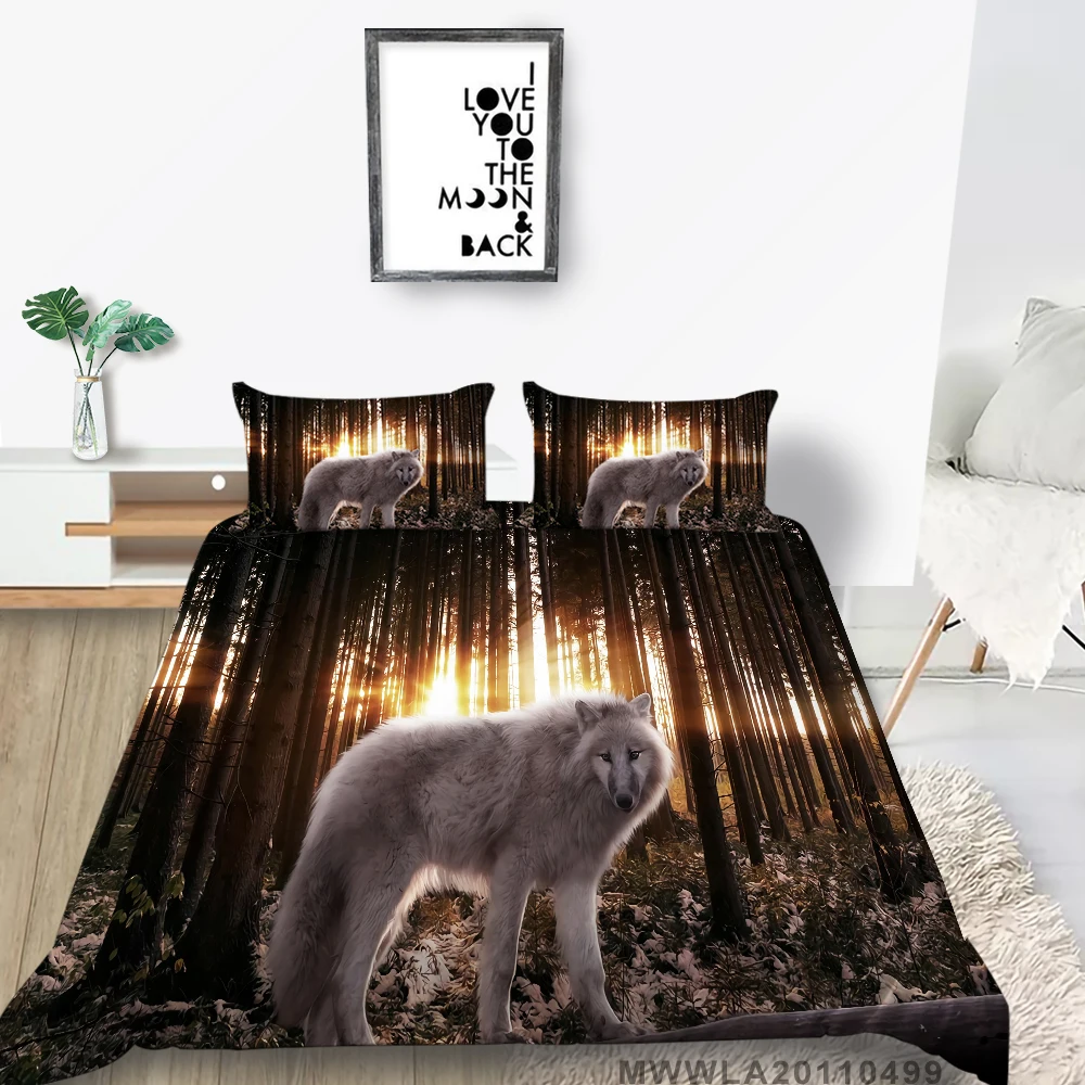 

Fallen Leaves Bed Set White Wolf Creative Trees Duvet Cover Sunset Queen Twin Full Single Double Bedding Set 3D Cartoon