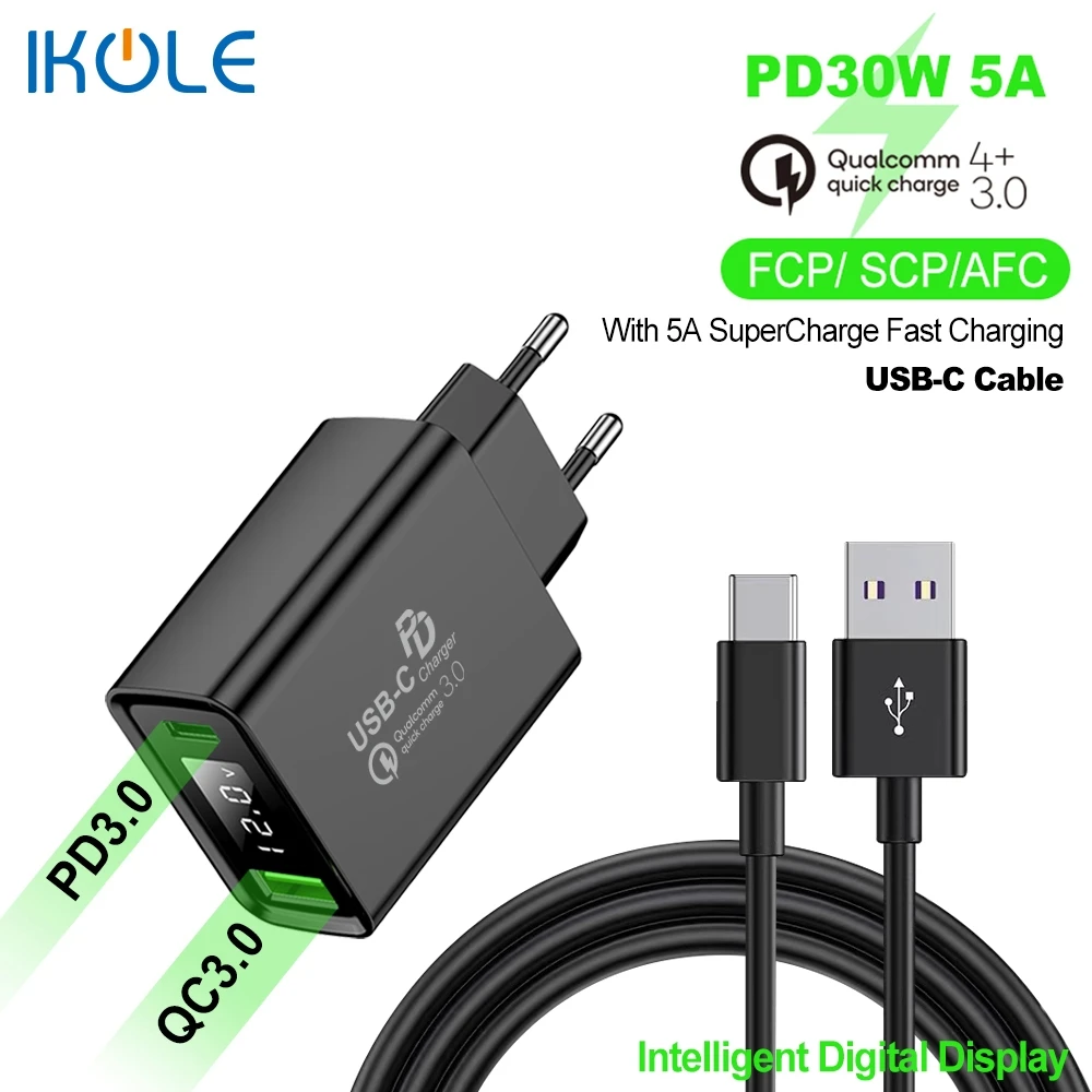 Зарядное устройство IKOLE PD USB 5 А PD30W Type C 20 Вт быстрая зарядка для iPhone 12 11Pro 8 X QC4 + QC3.0