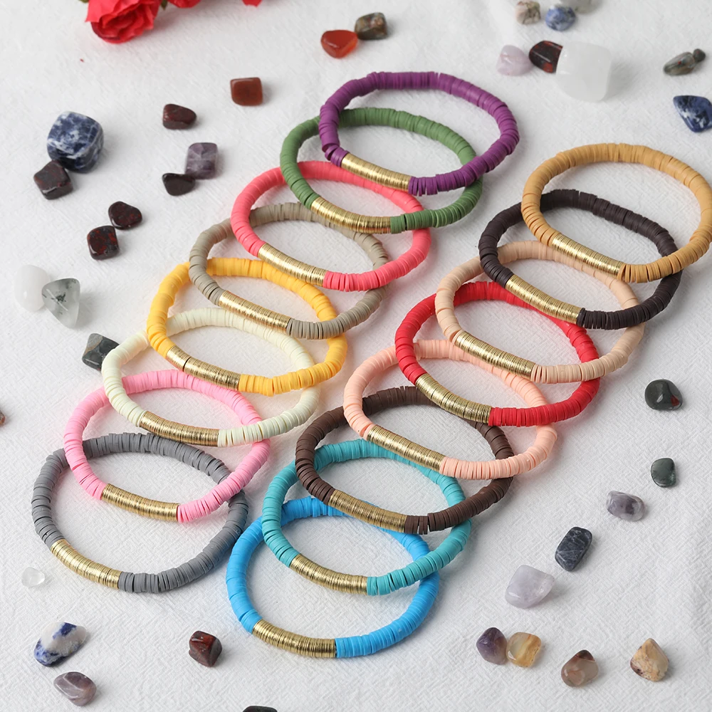 

10Pcs Colorful 6mm Polymer Clay Heishi Disc Beads Elastic String Bracelet Bohemia Women Gold Copper Vinyl Beads Bracelet Jewelry