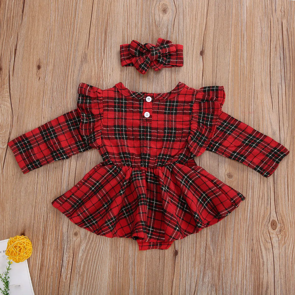 

Infant Baby Girls Long Sleeve Bodysuit + Hairband Suit, 0-24M Red Plaid Ruffle Bottom Button Princess Jumpsuit Spring Clothing