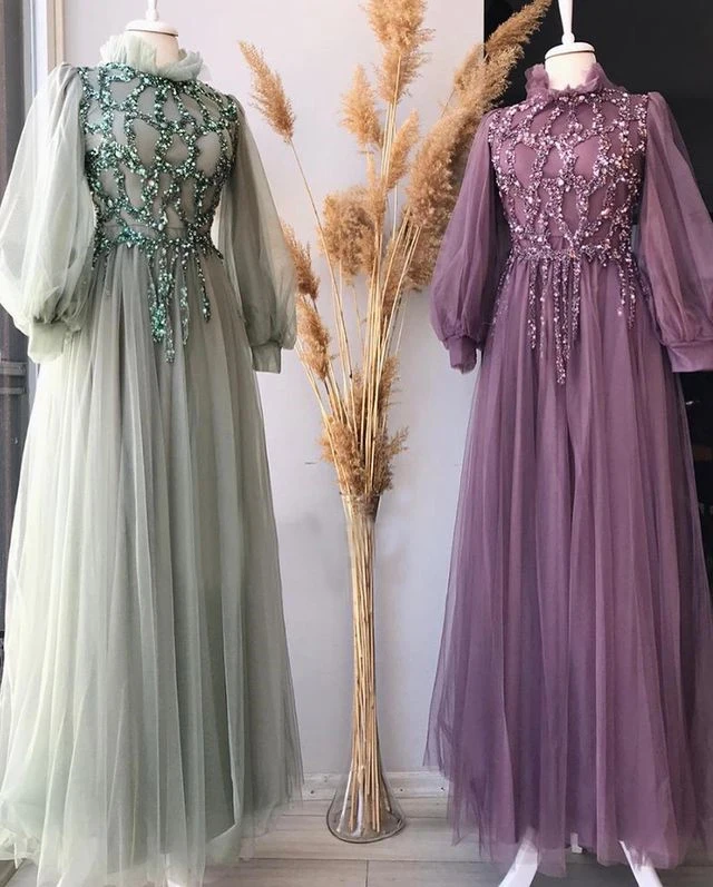 

Вечернее платье-трапеция из тюля, с бусинами, длинными пышными рукавами, мусульманское, для выпускного вечера, Саудовский, арабский стиль, ...