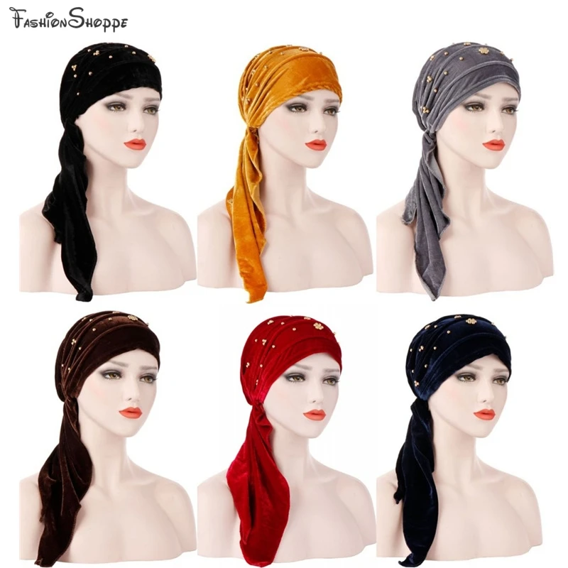 Для женщин мода мусульманский бархат Плиссированное Кепка chemo длинный хвост