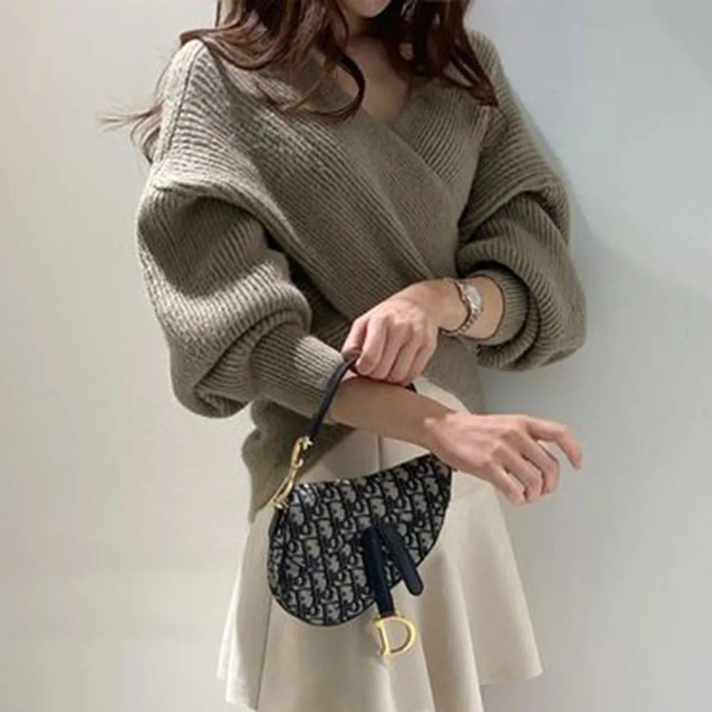 V Neck Twisted Back Sweater Women Korean Elegant OL Chic Knitted Pullovers Casual Tops Long Sleeve Solid Loose Jumper pull femm |