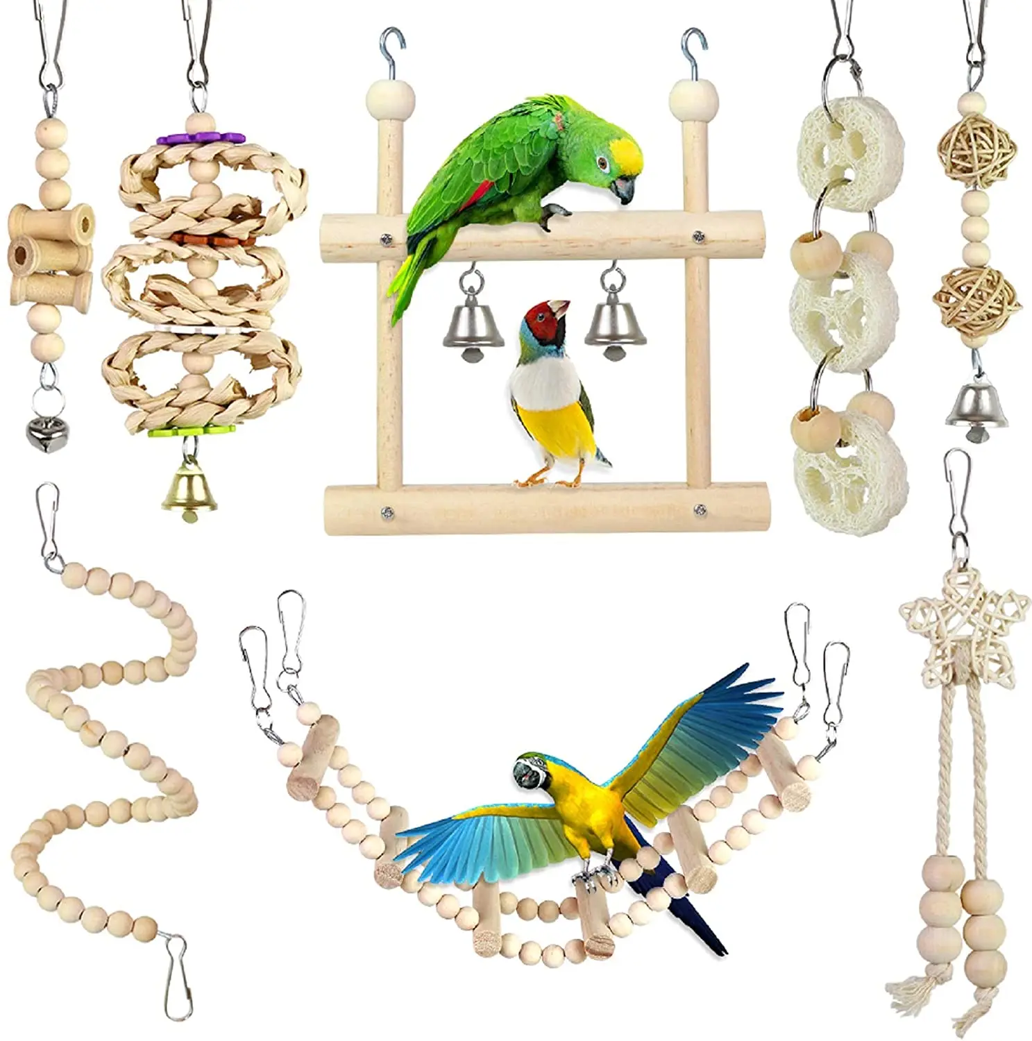 

Small Bird Swing Toys, 8 PCS Parrots Chewing Natural Wood and Rope Bungee Bird Toy for Anchovies, Parakeets, Cockatiel, Conure
