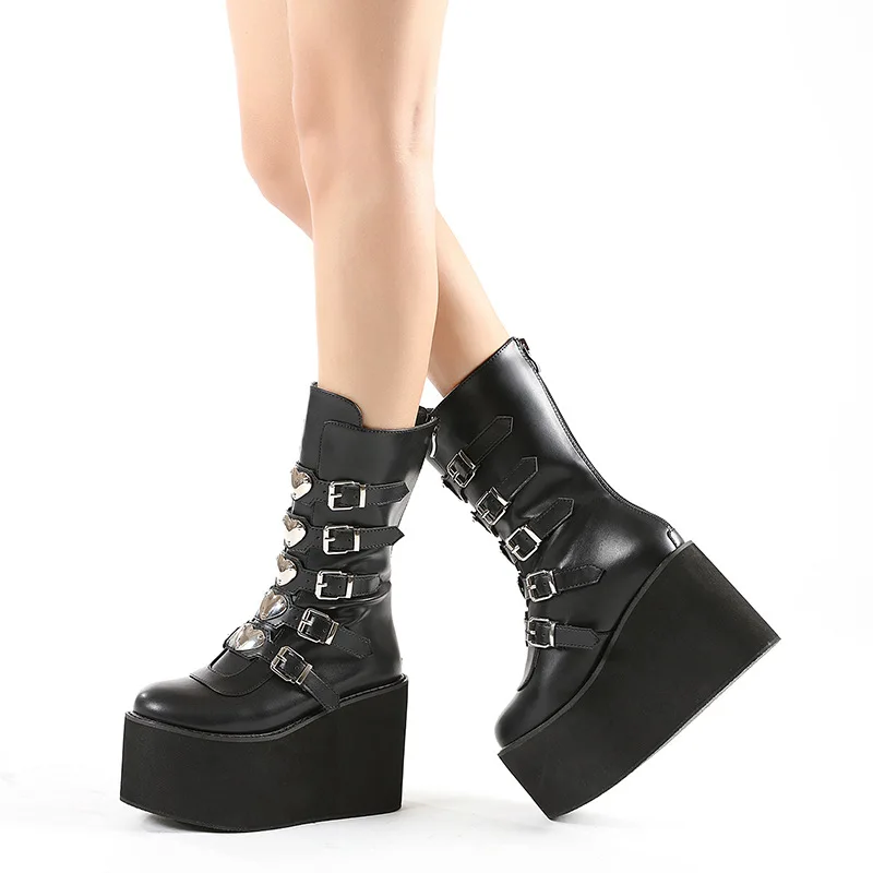 

Women's Platform Wedges Boots 2021 Autumn Winter Ladies Square Buckle Fashion 10.5 cm High Heel Punk Boots Women's Shoes 42 43