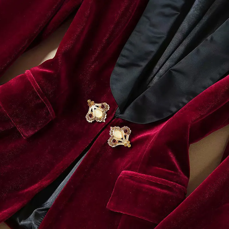 velvet 2 piece set women office work suits business casual women outfits wine red long sleeve deep v neck jacket+ long pants