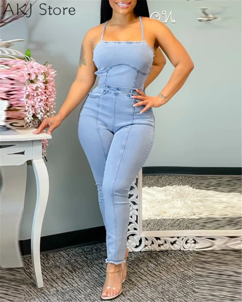 

Halter Square Neck Backless Lace-Up Skinny Denim Jumpsuit