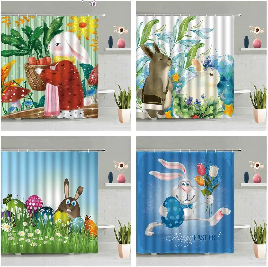 

Пасхальная занавеска для душа с мультяшным кроликом и цветными яйцами, детский экран для ванной комнаты, 3d принт, водонепроницаемые настенн...