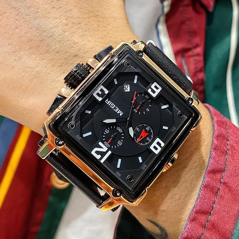 

2021 MEGIR Design Watches for Men Top Brand Luxury Military Leather Quartz Watch Square Man Clock Fashion Quartz Wristwatch men
