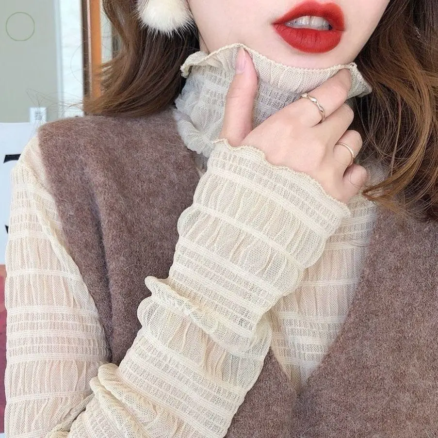 2020 autumn winter women blouse shirt korean style design sense half-collar lace mesh bottoming tops pleated retro sexy clothes