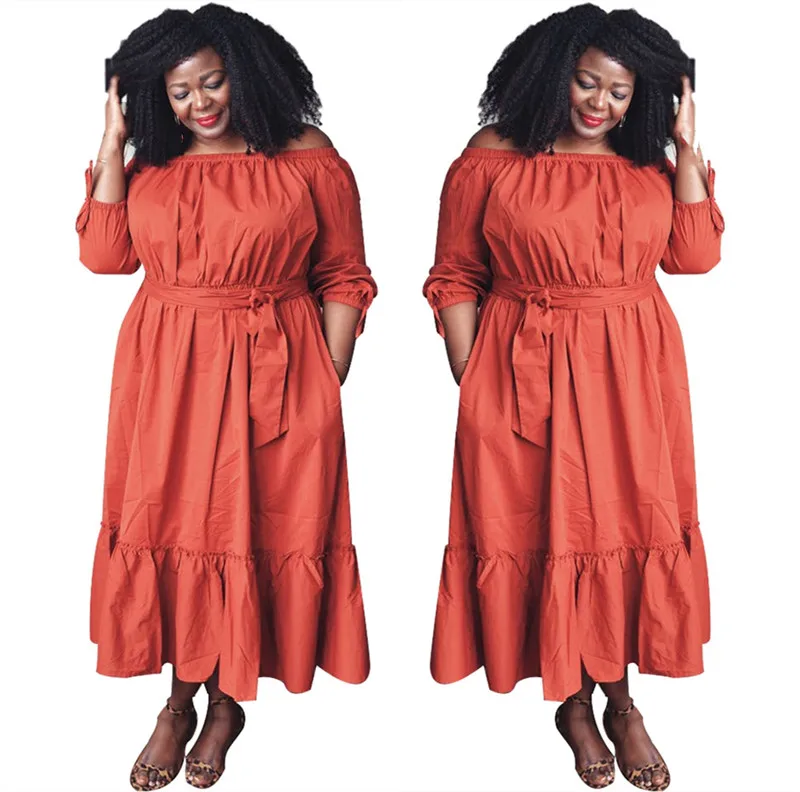 

WUHE Women Long Dress Solid Slash Neck Bandage Sashes Vestidos for Ladies Vintage Casual Dresses