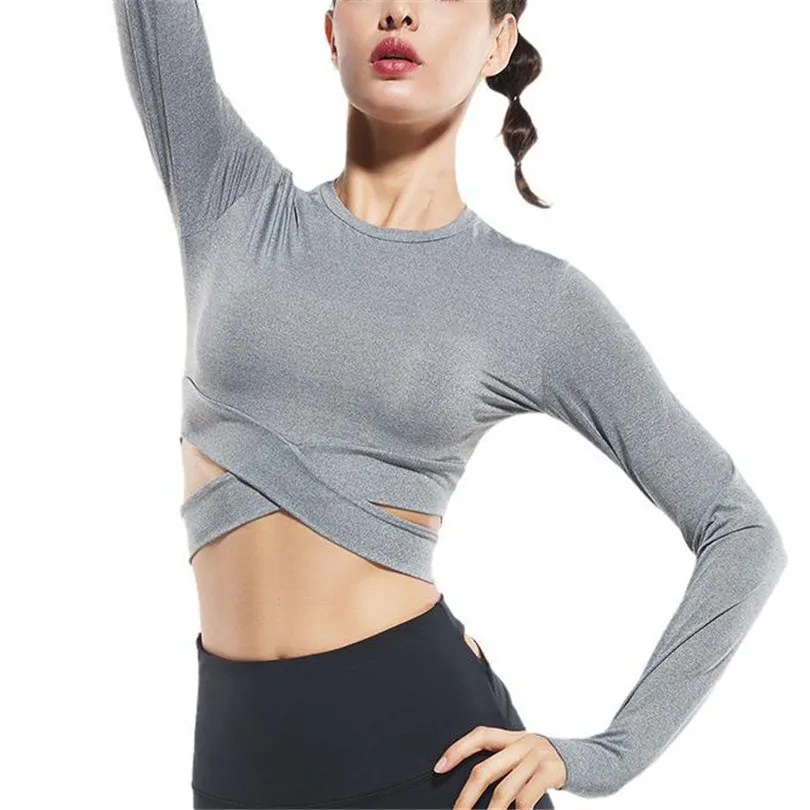 

LJCUIYAO Women Long Sleeve Running Sexy Yoga T-Shirts Solid Sports Quick Dry Fitness Gym Crop Tops Black White Drop Shipping
