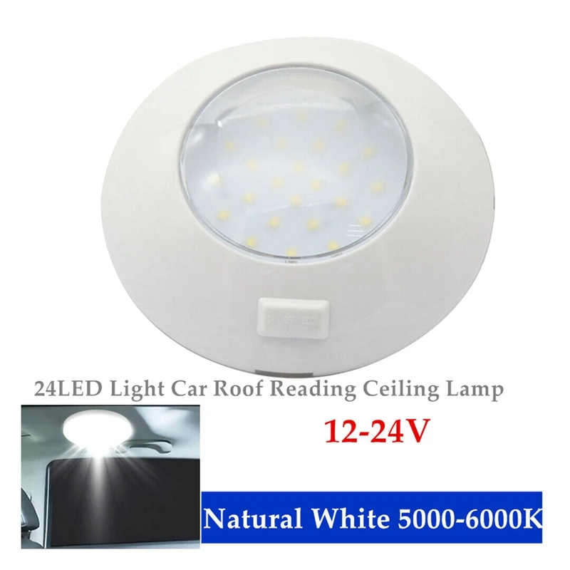 

12-24V Universal Switch Control Round Interior 24LED Light Car Roof Reading Ceiling Lamp Boat 6000K Lighting