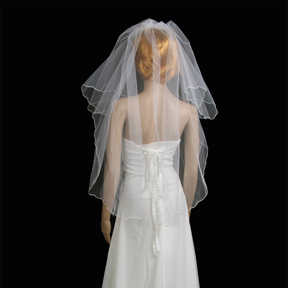 1 Набор 2 слоя кремово белая свадебная фата атласная кромка + заколка для волос