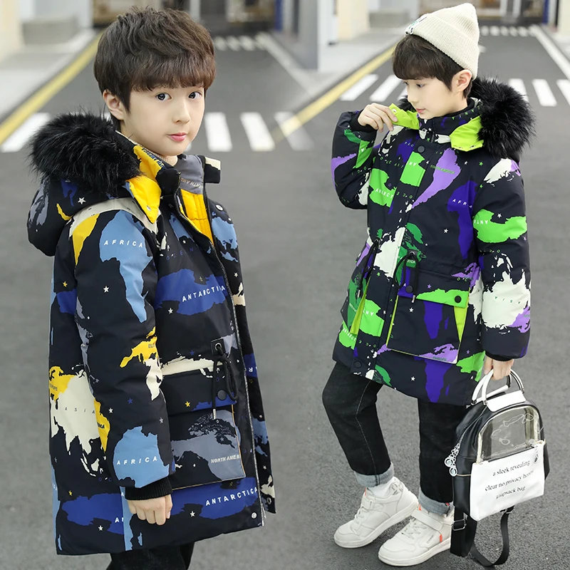 

Russian winter Baby boys winter coat thickening warm parka 5-13 years old fur collar and Big pocket Camouflage print long coat