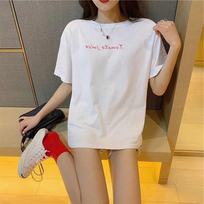 

Milk Fiber T-Shirt Male Korean Summer Harajuku Style Casual Letter Print Pattern Creativity Half Sleeve Fashion Women Tops