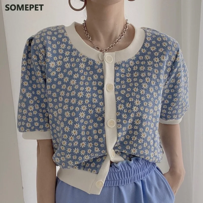 

Floral Hit Color Patchwork Knitted Women Cardigan Puff Short Sleeve O-neck Causal Sweater Coat New Knitwear