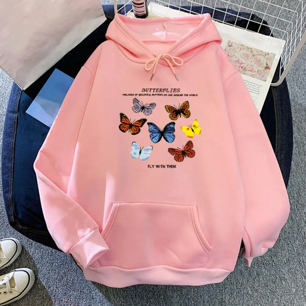 Butterflies Pattern Front Pocket Sweatshirt Cotton Blend Long Sleeve Winter Hooded for Home