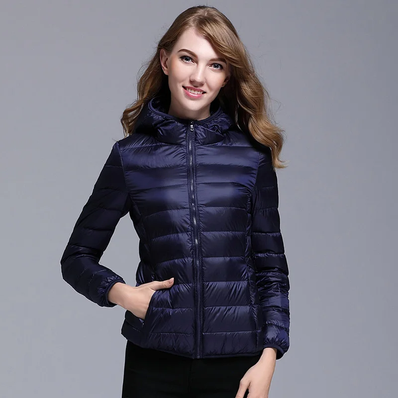 

Women White Duck Down Jacket Autumn Female Ultra Light Down Jackets Slim Solid Long Sleeve Hooded Parkas Candy Color