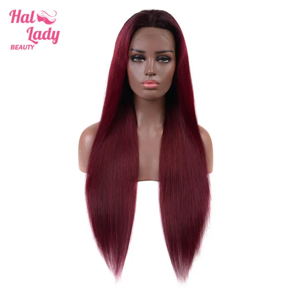 Halo Lady 4*4 парики шнурка T1B 27 99J красный перуанский Омбре цвет кружева человеческих волос парики 150% 250% с темными корнями не Реми - Цвет: T1B/бордовый
