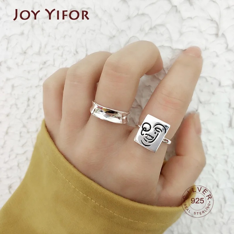 

925 Sterling Silver Terndy Rings For Women Couples Creative Funny Face Geometric Handmade Finger Jewelry Party Gifts