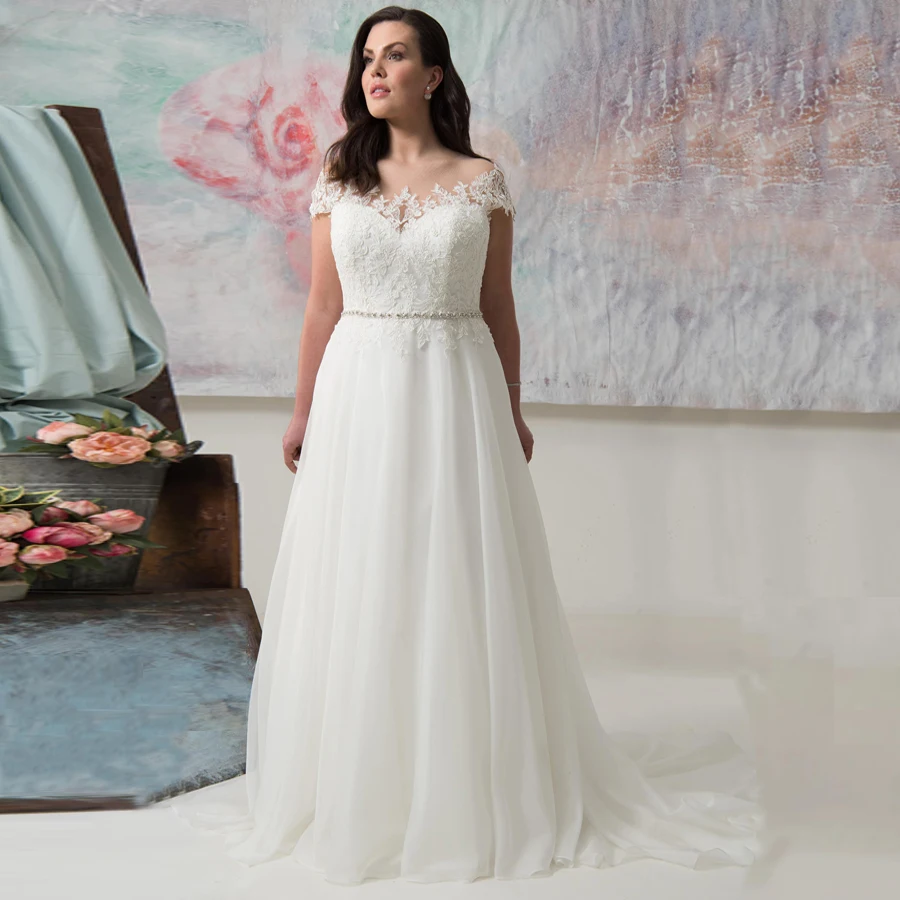 Элегантное свадебное платье размера плюс с круглым вырезом коротким рукавом