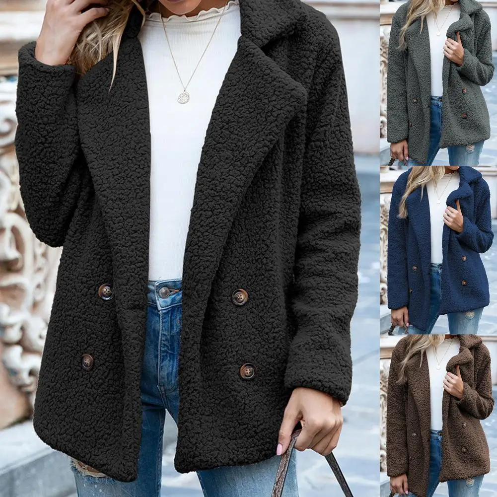 

Autumn Winter Women Faux Fleece Long Sleeve Lapel Jacket Buttons Warm Loose Coat
