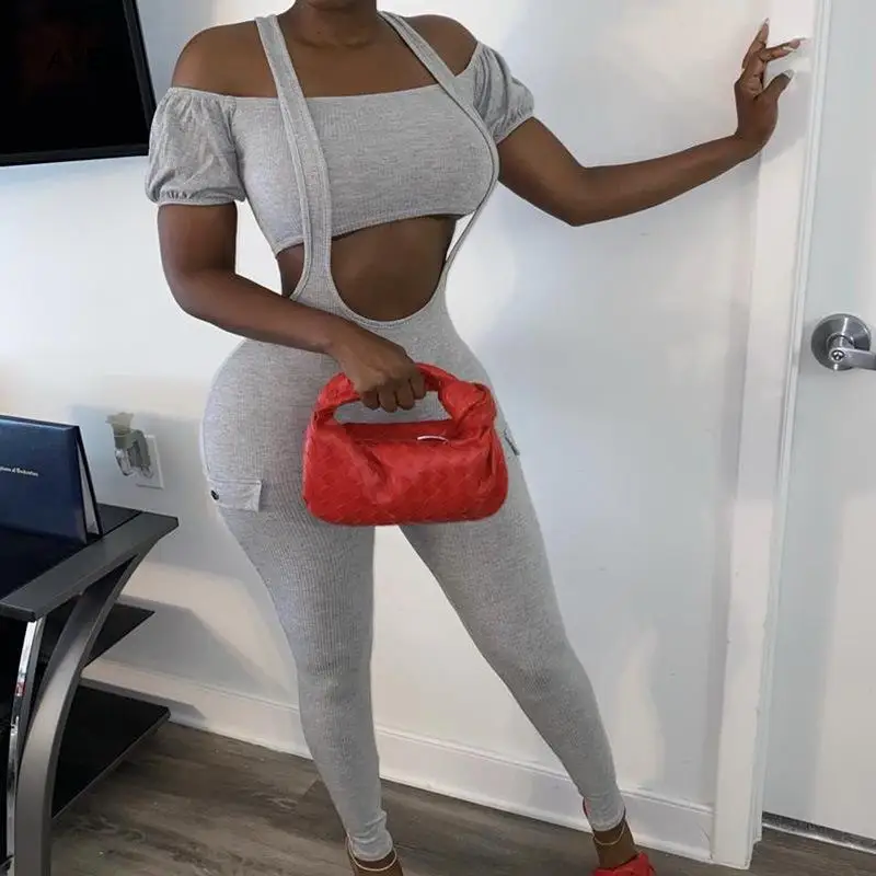 

Сексуальный женский облегающий комплект со штанами, короткий рукав, вырез лодочкой, укороченный топ + комбинезон с лямкой на шее, облегающий...