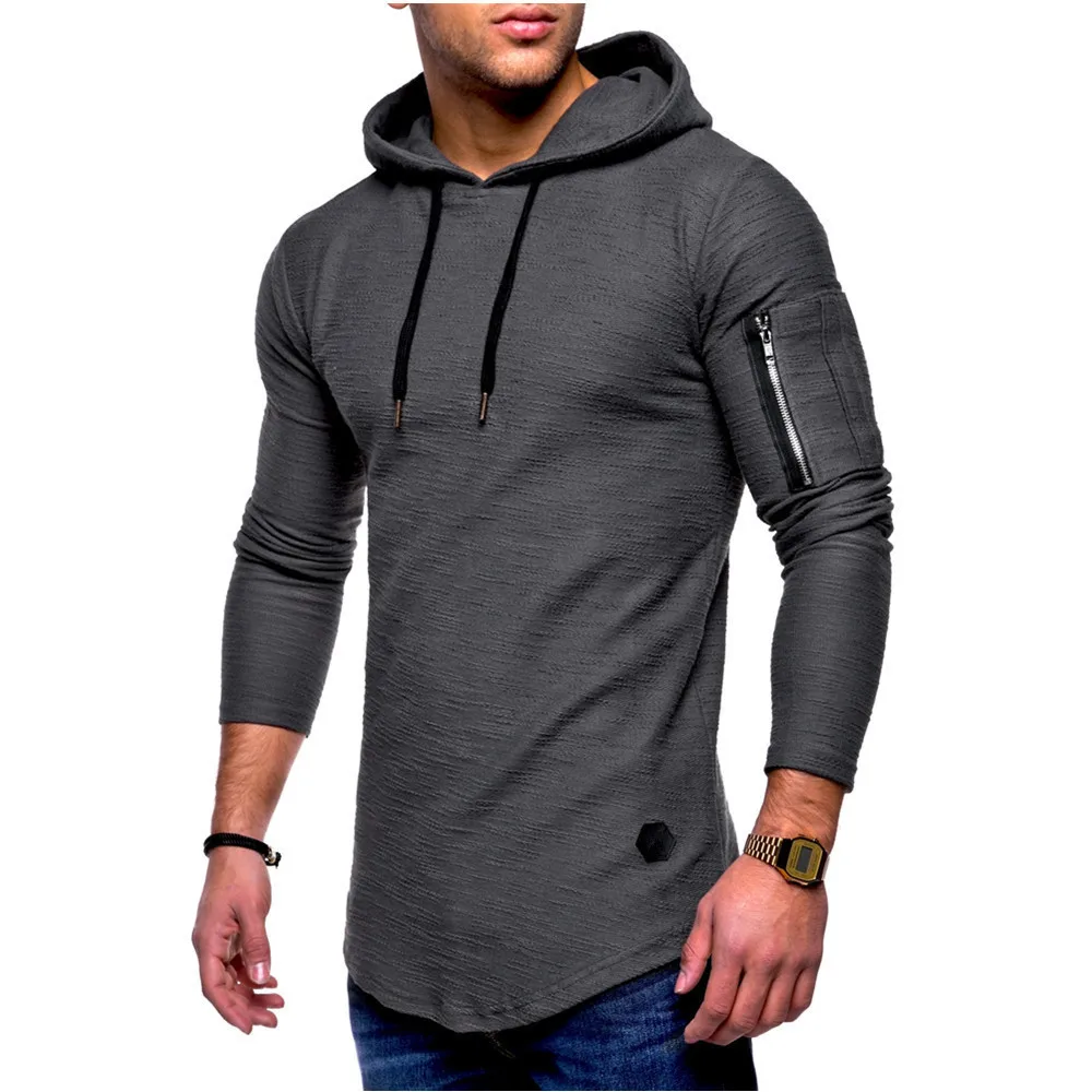 

Men's Solid Color Round Neck Hooded Long-sleeved Shirt Arm Zipper Stitching Sweat Shirt Men's Fitness Running Shirt Men's Top