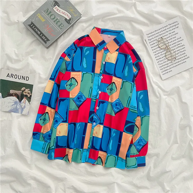

EBAIHUI Spring Geometric Print Button Up Shirts Women Long Sleeve Loose Retro Blouse Fashion Clothes Plus Size Tops