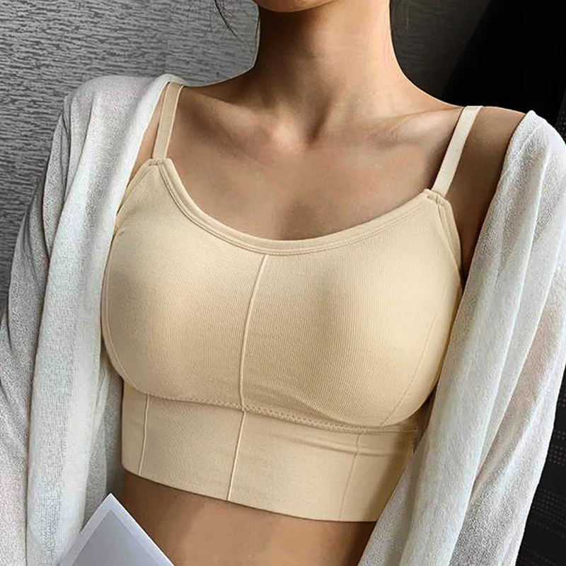 BEIGE Женский топ, женское нижнее белье, кроп топ,бесшовный укороченный топ, майка, Женский топ без рукавов, бесшовное нижнее белье, женские топы, сексуальное нижнее белье, со съемными мягкими подбитый, женская мода - Цвет: BEIGE