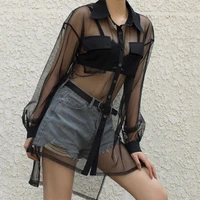 2021 spring and summer new breasted mesh transparent dress black sexy suit collar mid length beach blouse split irregular top