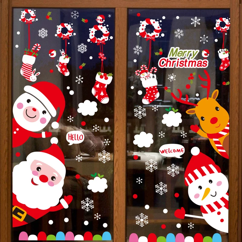 

[SHIJUEHEZI] Christmas Glass Stickers DIY Socks Santa Claus Snowman Wall Decals for Living Room Window New Year Home Decoration