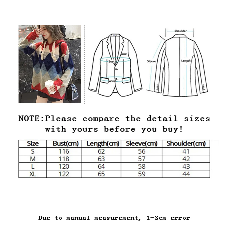 

Vangull Women Argyle Patchwork Hooded Pullover Sweater Casual Lace up Loose Sweater Basic Chic Autumn New Soft Knitted Coat