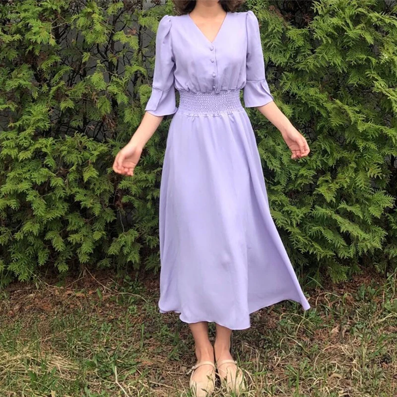 Женское винтажное платье с V-образным вырезом и рюшами средней длины завязками на