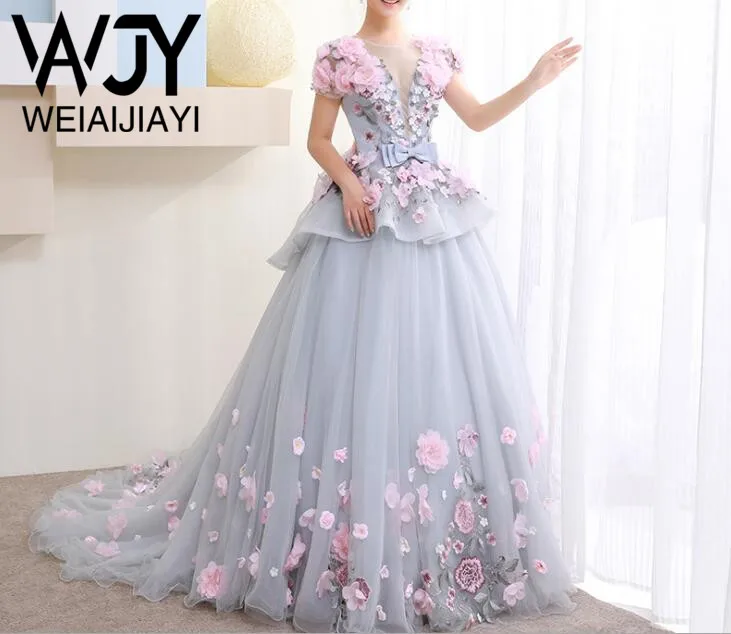 

Beuatiful Girl Lady Pageant Prm Dress Scoop Sheer Neck Short Sleeve Ball Gown Flowers Lace Up Prom Dresses Puffy Tulle Skirt