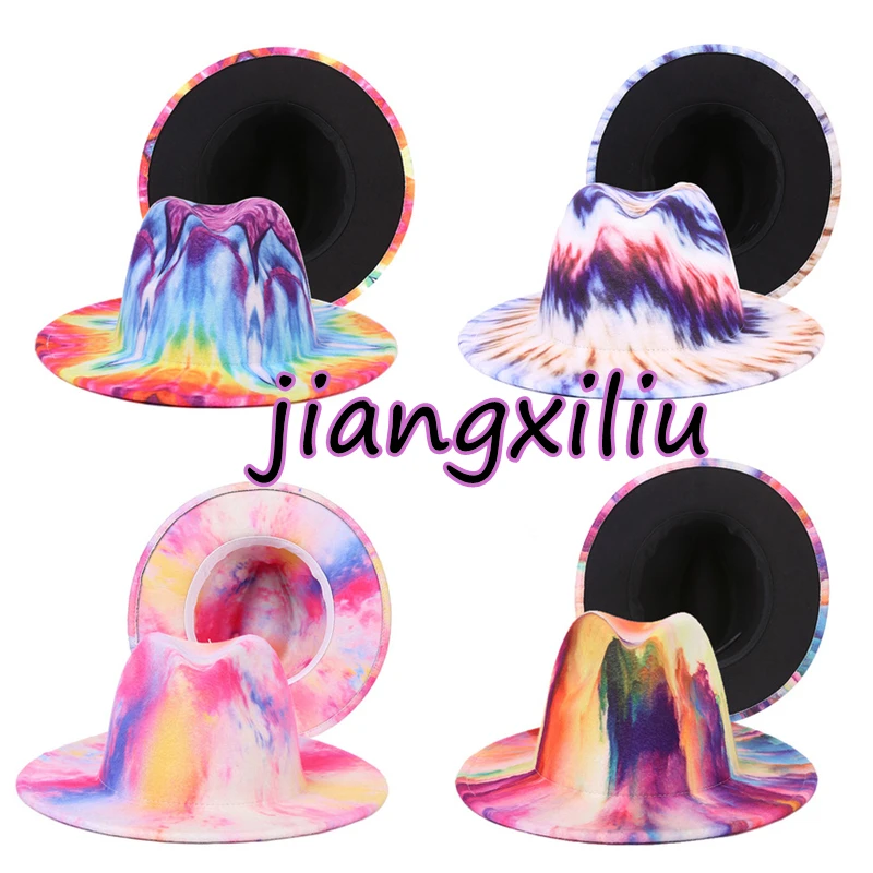 

Tie-dyed woolen hat colorful women's fedora hat stage performance jazz hat outdoor big brimmed hat wholesale felt hat