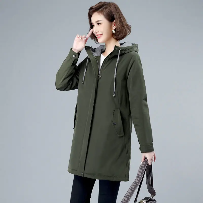 

2020 Winter Hooded Thick Warm Cotton-Padded Jacket Mid-Length All-Match Simple Parker Coat Women Army Green/Pink Chaqueta Y387
