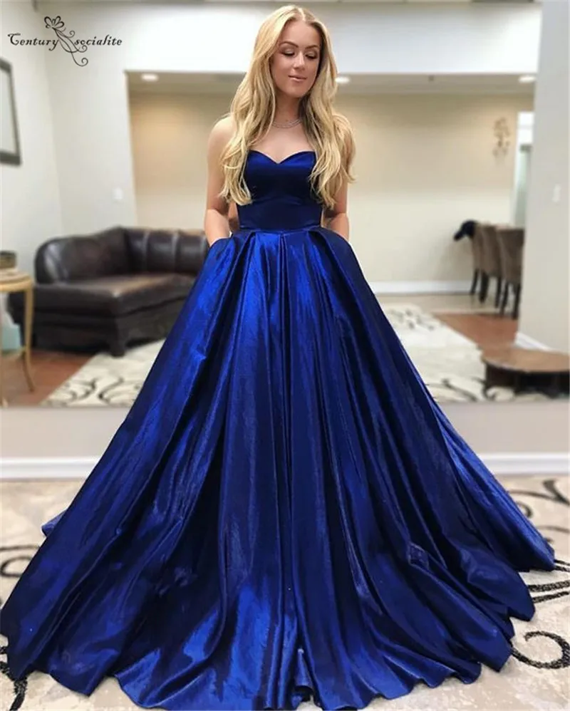 

Royal Blue Evening Dresses Long Sweetheart Corset Back A-Line Simple Satin Prom Party Formal Gowns Vestido De Festa Cheap