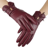 sheepskin leather gloves womens touch screen fashion bowknot style velvet lining autumn and winter warm gloves