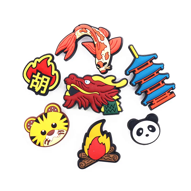High imitation 1pcs Dragon PVC Shoe Charms Accessories Carp Bonfire Panda Tower Tiger JIBZ fit Croc Charms Bracelet Kids Gifts