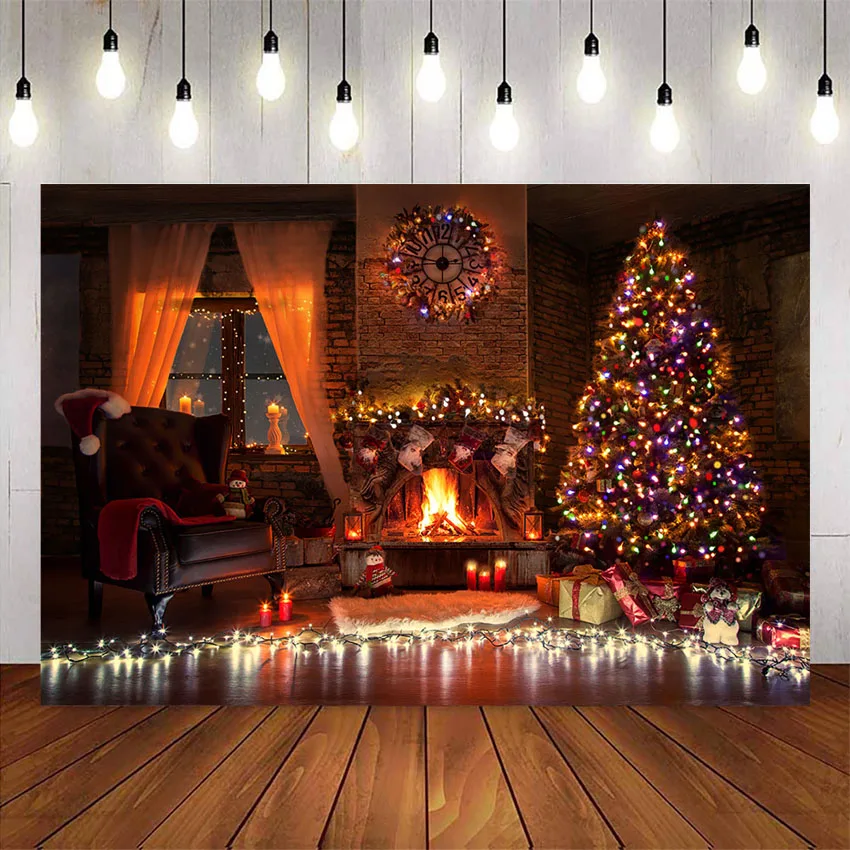 

Christmas fireplace photography backdrop glitter x-mas family party decoration christmas tree children portrait photocall prop