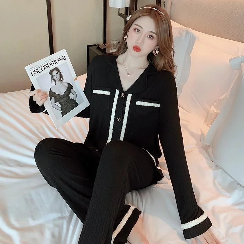 QWEEK Women Pajamas Autumn Winter Home Wear Combed Cotton Pijamas V Neck Long Sleeve Trousers Pyjamas Pijamad De Mujer Roomware