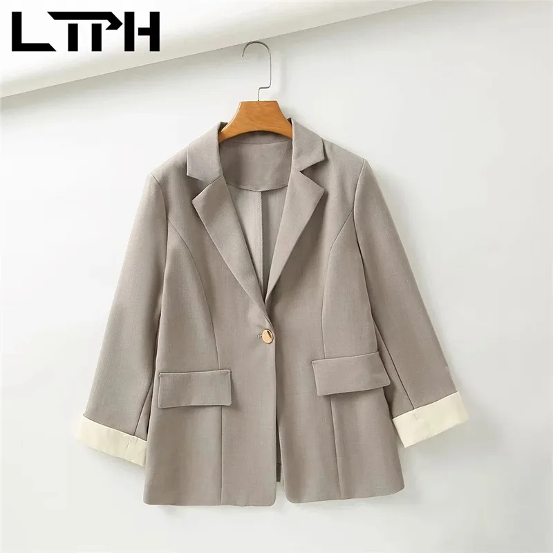 LTPH-Chaqueta de estilo clásico para mujer, blazer femenino con manga rizada y un solo botón, chaqueta informal que combina con todo, chaqueta fina para mujer, novedad de verano 2021
