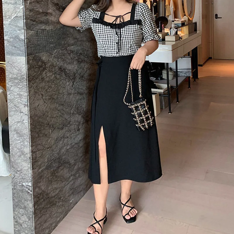 

HOUZHOU Plus Size Long Skirts Women Elegant Black High Waist Split Bandage A-line Midi Skirt 4XL Summer Korean Fashion Casual