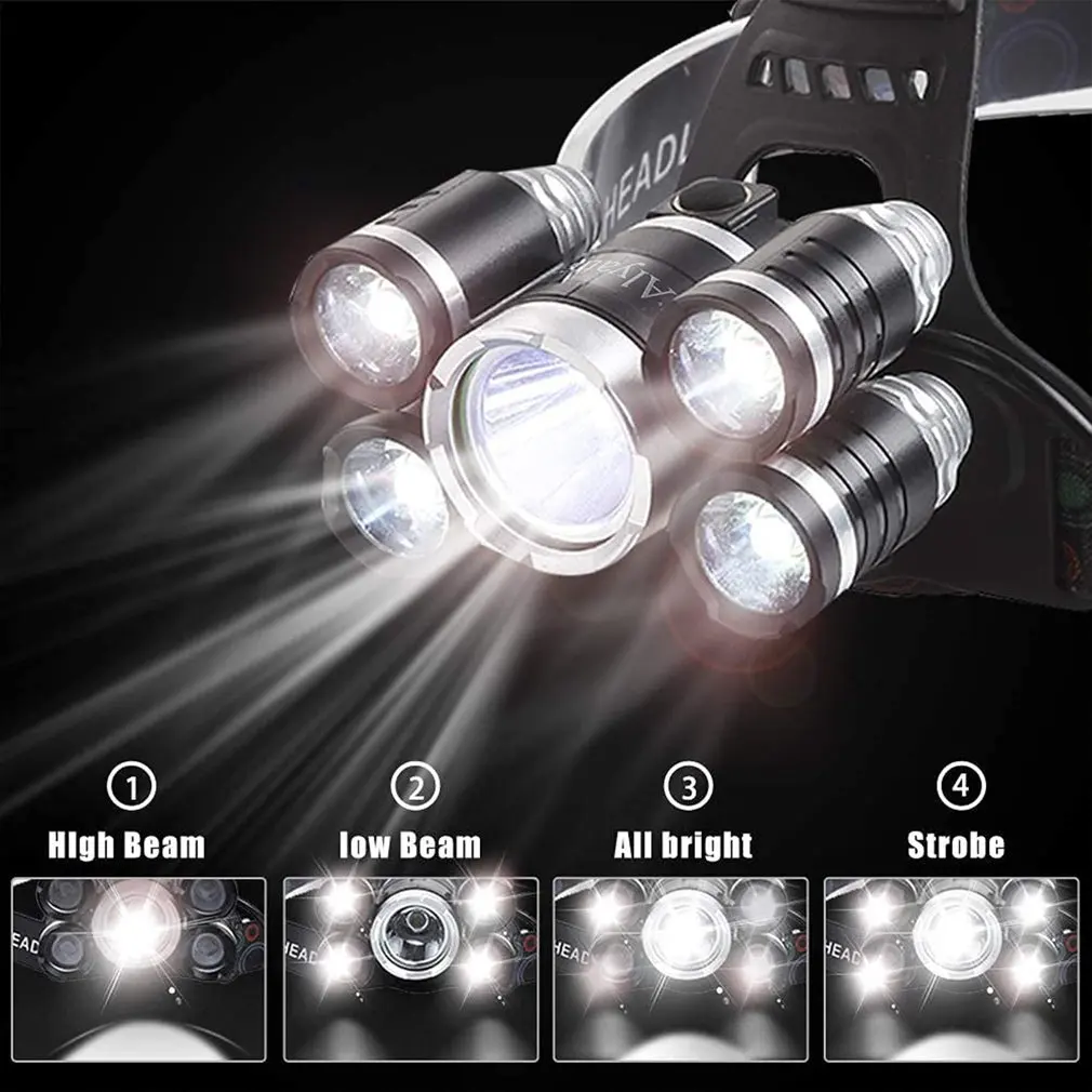 

V5 High-power Aluminum Alloy Headlamp Camping Hunting Night Running Fishing Lights black with 2 Batteries + USB Charging Cable