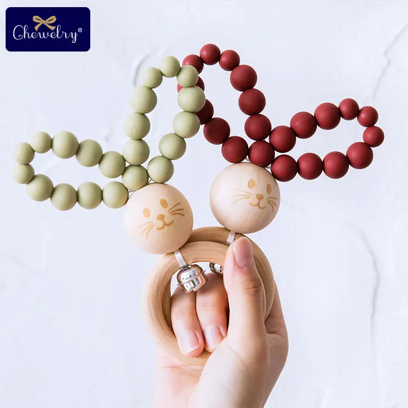 1PC Silicone Baby Teether Rodent Bunny Rattle Bracelet Wooden Ring Teething Toy Food Grade Hand Bell For Children Goods | Мать и ребенок