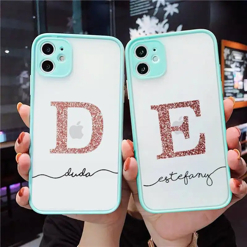 

Name Letter Monogram Pink Glitter Gold Phone Case Matte Transparent for iPhone 7 8 11 12 s mini pro X XS XR MAX Plus cover funda